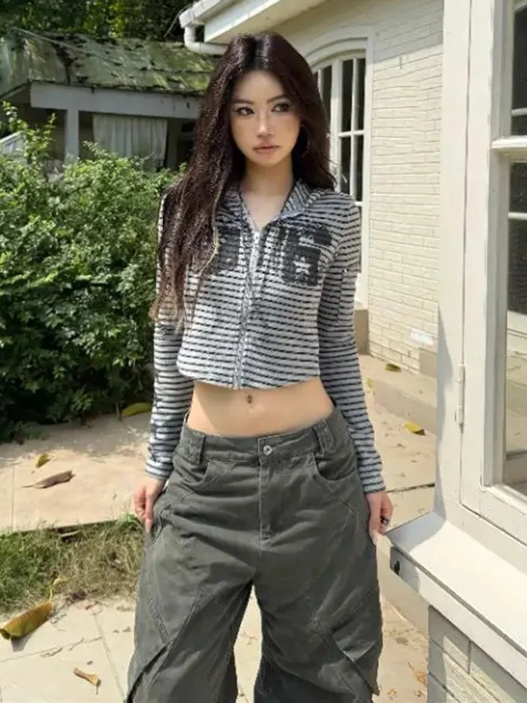 

Полосатая толстовка с буквенным принтом, женская осенняя Y2k, эстетические облегающие короткие топы, универсальные толстовки в американском стиле ретро