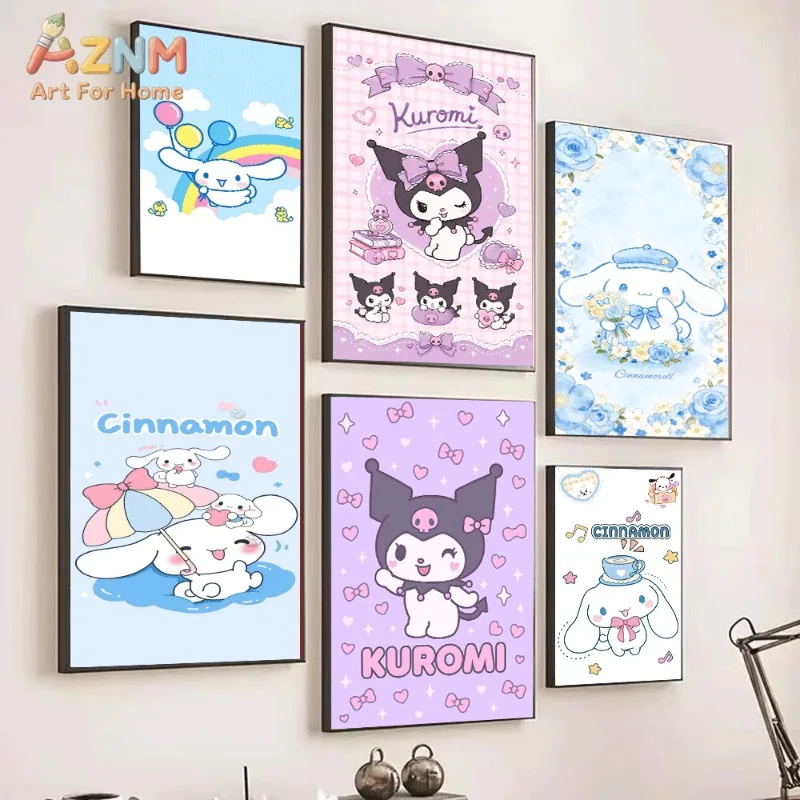 Cute Sanrio Character Wall Poster,Kawaii Cinnamoroll Kuromi Canvas Print,Unframed Wall Art for Girls Bedroom Dorm Home Decorati