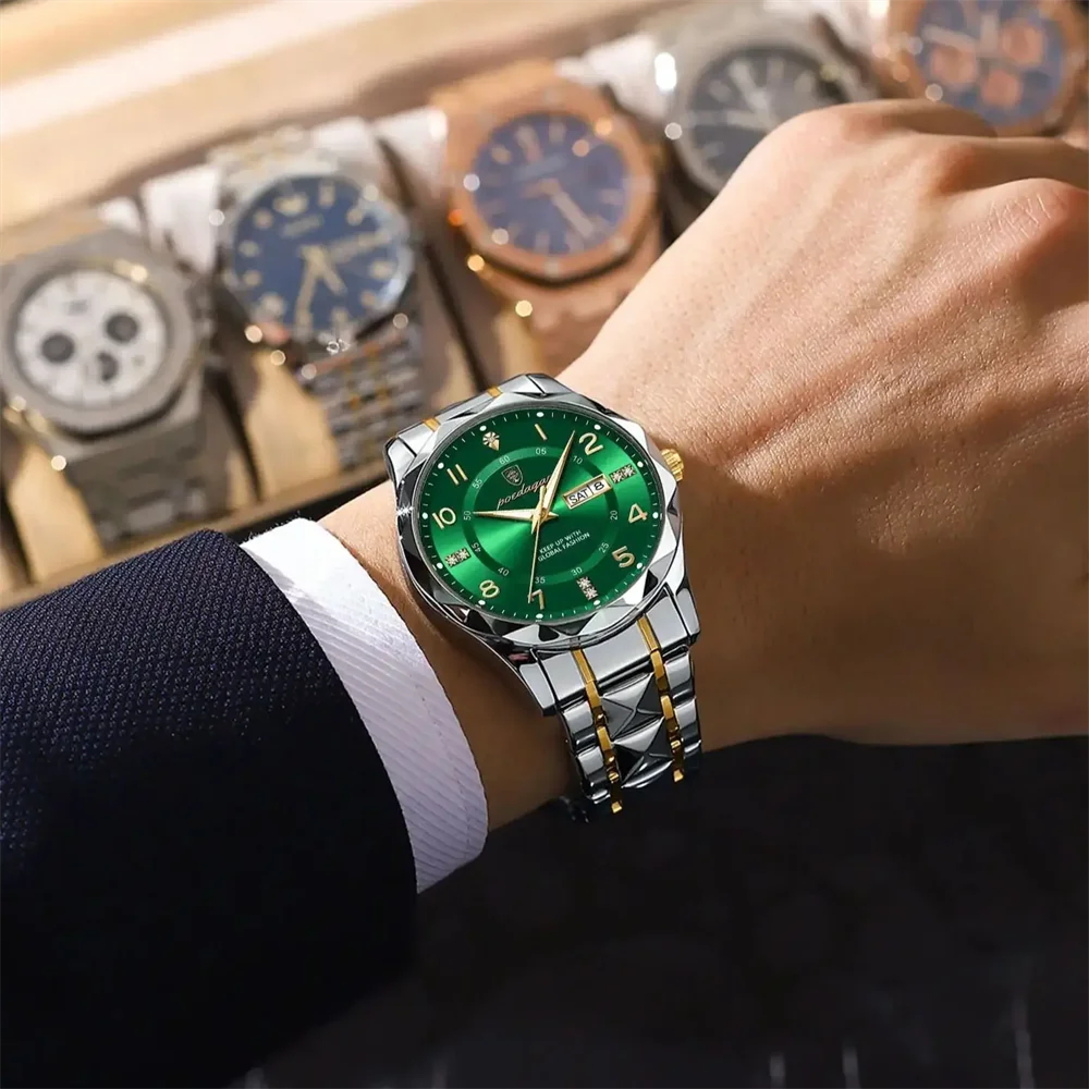 POEDAGAR ساعة يد رجال الأعمال الفاخرة الفولاذ المقاوم للصدأ تاريخ الأسبوع رجل ساعة مقاوم للماء مضيئة موضة ساعات كوارتز بالنسبة لي