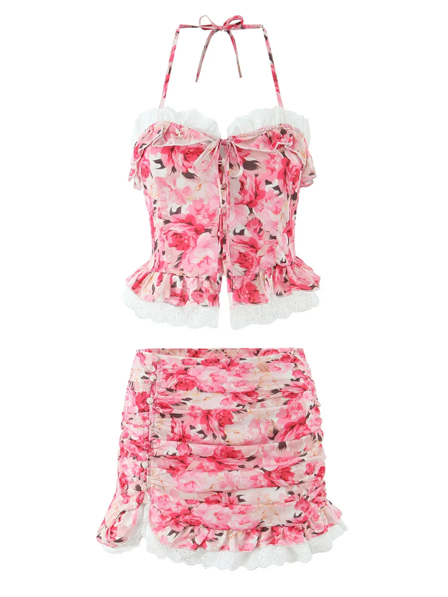 طقم نسائي عصري من قطعتين بطبعة زهور وحافة مكشكشة مع حزام معلق وتنورة بالف أنيقة وعصرية