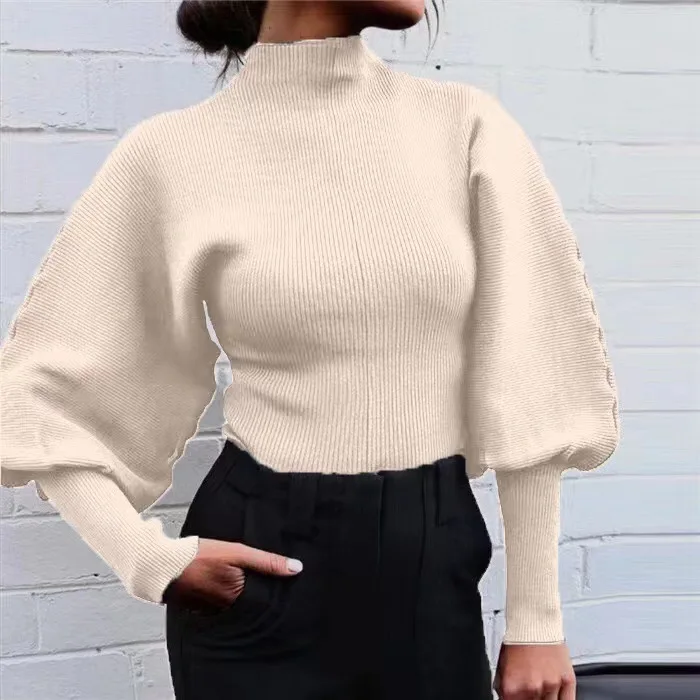

Autumn/Winter High-End French Vintage Half-Polo Turtle Neck Knitted Top Women's Sensible Design Sweater With Feellantern Sleeve