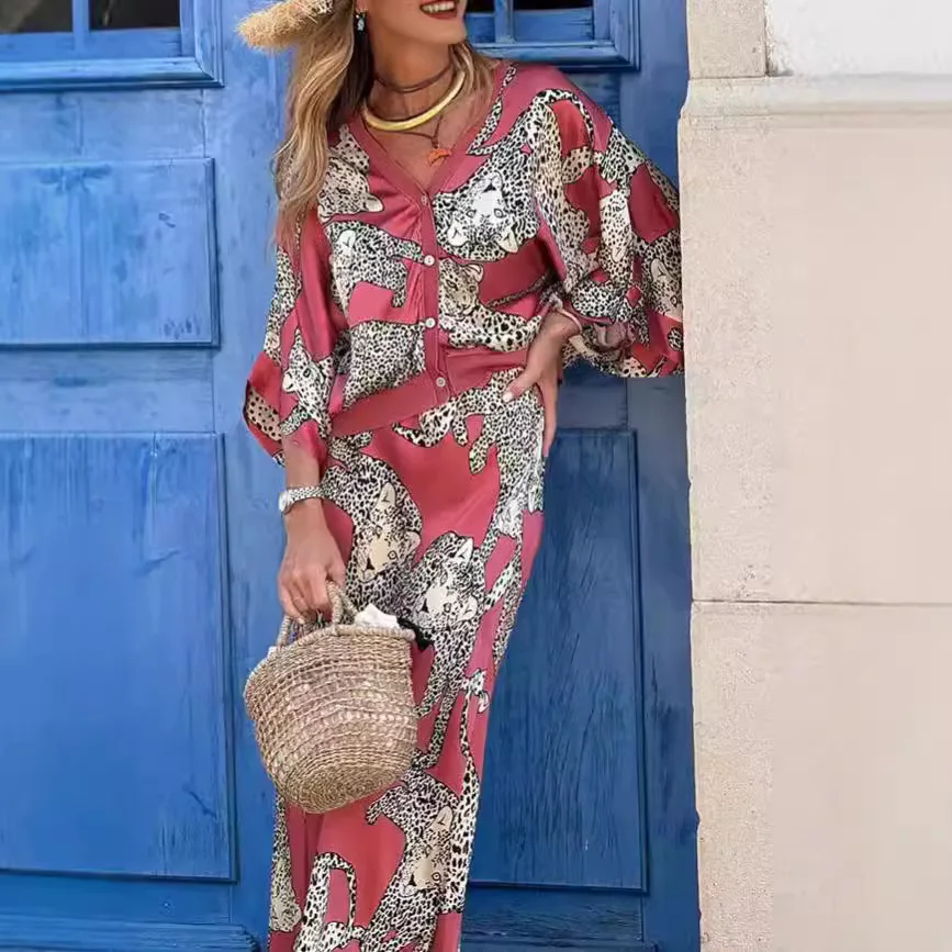 

Осенний комплект из рубашки и юбки с принтом для женщин, топ с длинными рукавами и пуговицами спереди, юбка-миди с высокой талией, одинаковый комплект из двух предметов