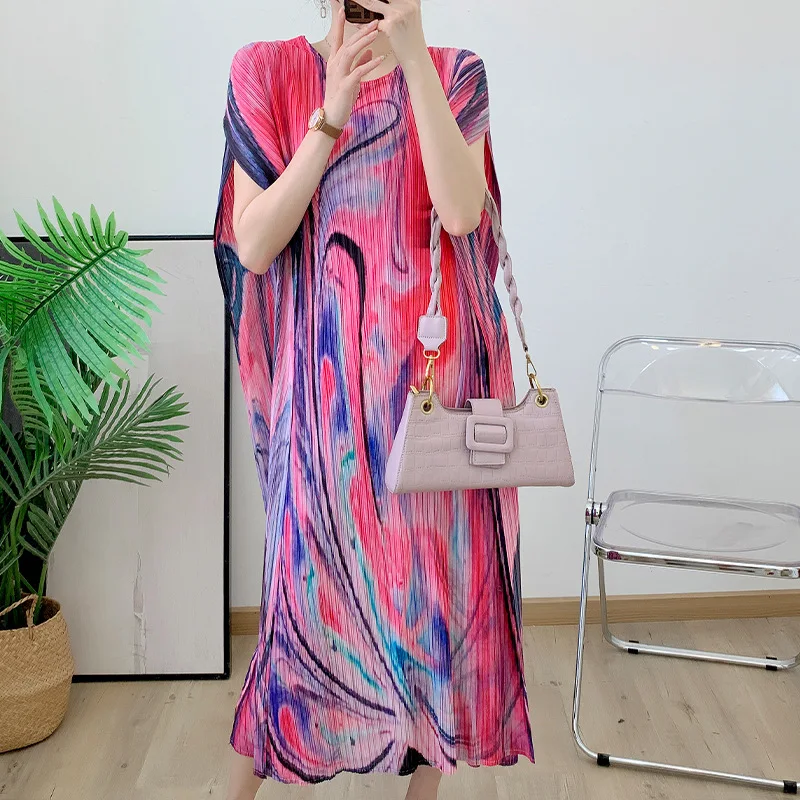 

Miyake Pleated 2023 summer new style printing O-neck Chic Slim boho folda loose thin long dresses for women