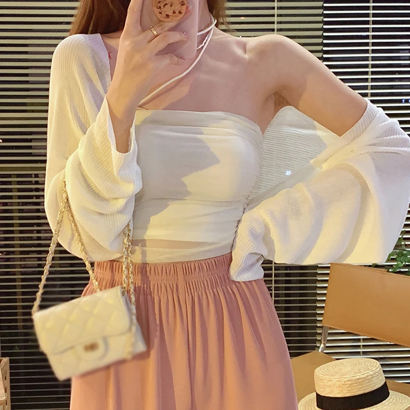 Summer Solid Color Thin Ice Silk Knit Sunscreen Cardigan Casual Versatile Shawl Cover-Up Cropped Short Elegant Women Top