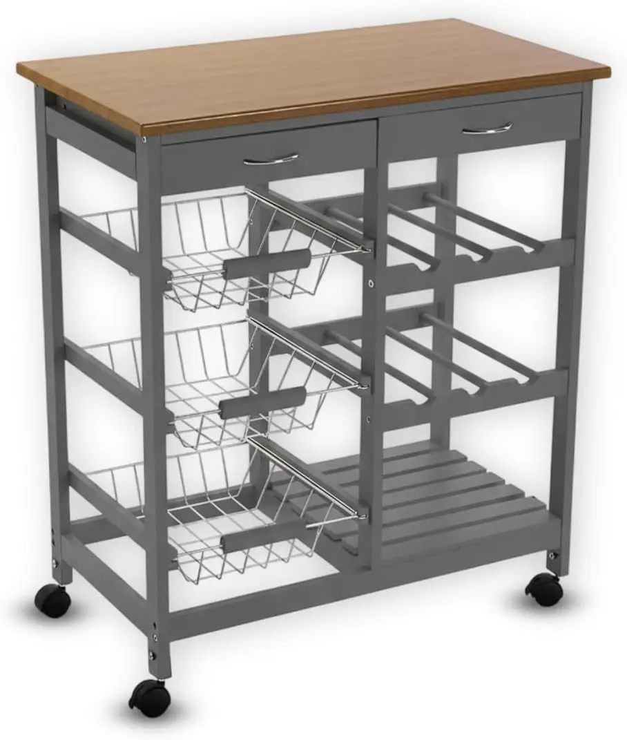 

Kitchen Island Cart with Drawers, Lockable Wheels - Rolling Serving Utility Trolley - Mobile Countertop Open Shelf Stor