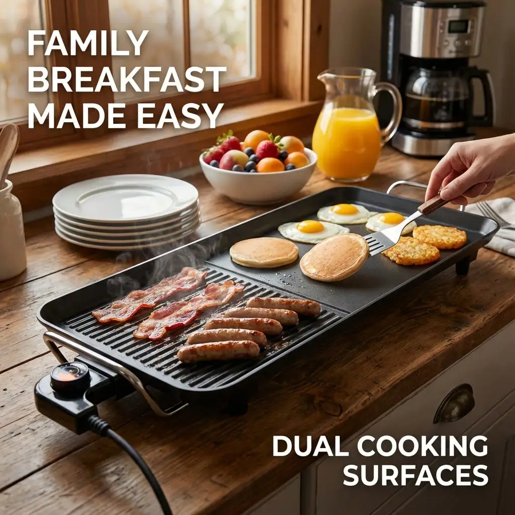 Electric Oversized Detachable Non-Stick Baking Tray, Smoke-Free Grill Plate with Dual Cooking Zones & Separable Temperature Controller
