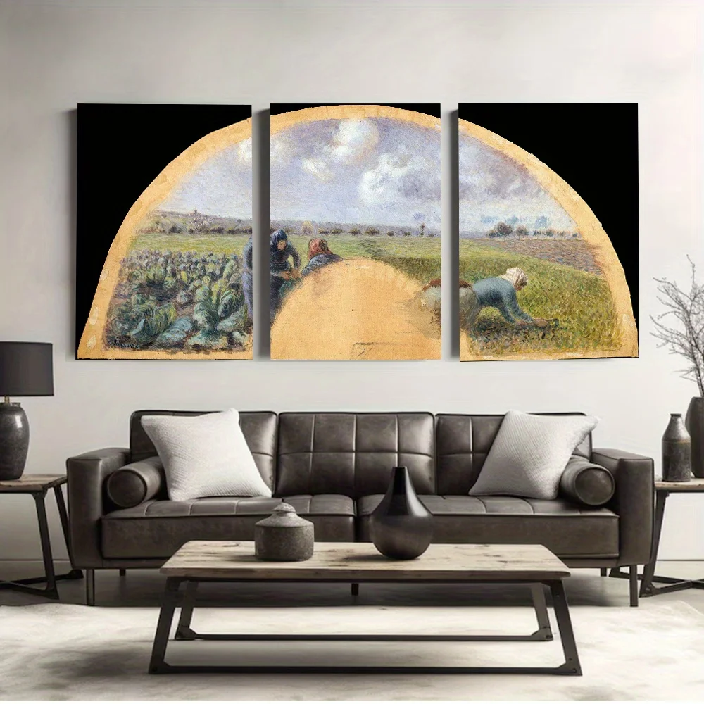 Juego de 3 piezas, "Los recogedores de repollo" (ca. 1878–79) de Camille Pissarro – Pintura en lienzo mundialmente famosa en marco de pino, perfecta para