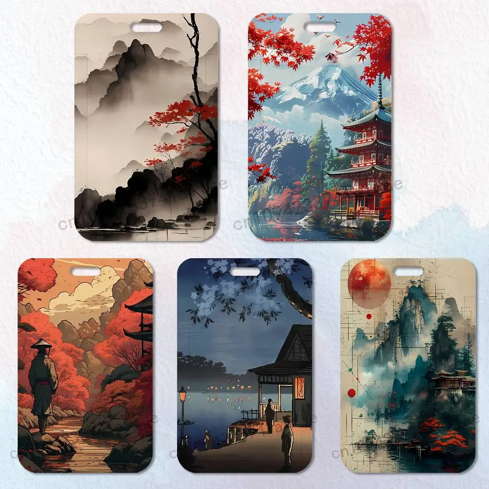 

Japanese Style Painting Art Badge Holder Pass Bus Work Card Cover Chest Pocket Students Card Holder Small Gift