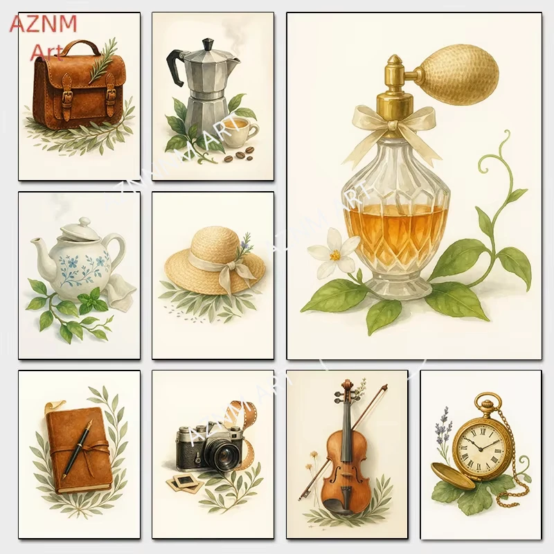 Vintage Film Camera Posters Polished Ceramic Teapot Pocket Watch Watercolor Prints Canvas Painting Wall Pictures Home Room De
