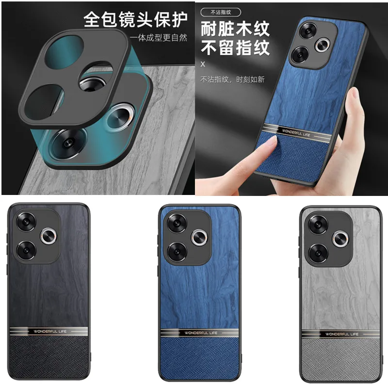 PU Leather Wooden Grain Phone Case For Xiaomi Redmi Note 13 Pro Plus 5G Redmi Turbo 3 Anti-Fingerprints Protection Camera Shell