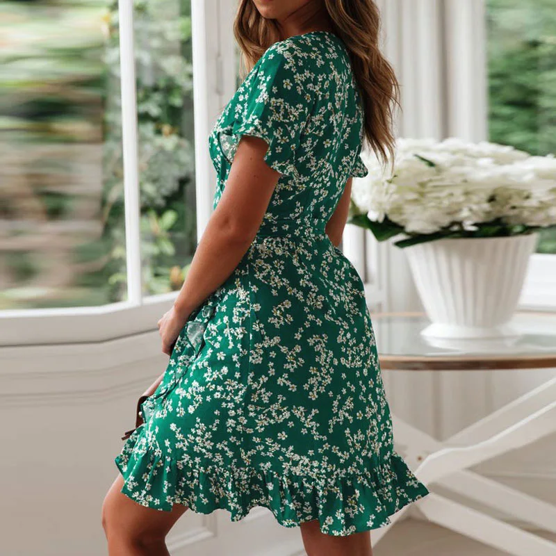 Mini robe à volants en mousseline de soie pour femmes, imprimé floral Boho, col en V sexy, manches courtes, ligne A, robes de plage, vacances, été, 2024