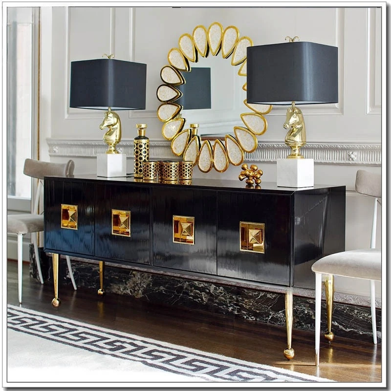 Light Luxury Living Room Simple Small Apartment High-Leg TV Cabinet Black Bright Paint Stainless Steel Mirror Golden Feet