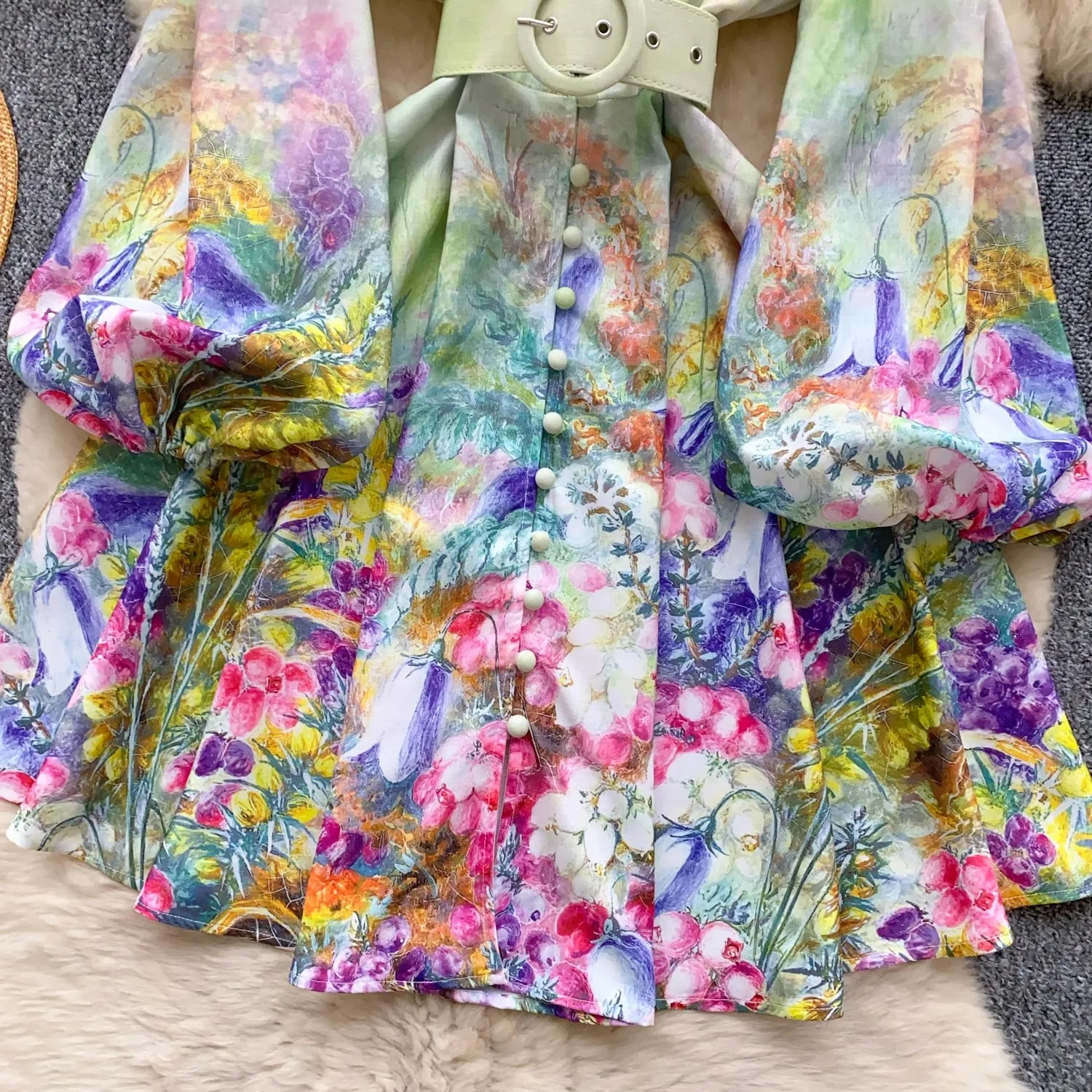 Lindo flor florescendo mini vestido feminino gola puff manga botões floral impressão rendas até cinto férias praia vestidos
