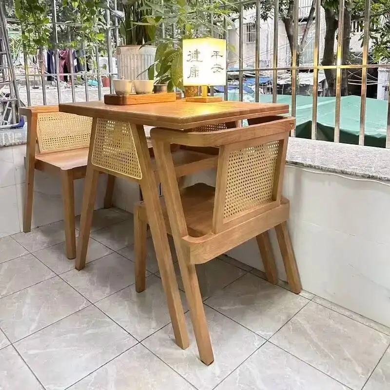 Nordic Leisure Balcony Tea Table Three-piece Patio Furniture Rattan Outdoor Tables and Chairs Solid Wood Garden Furniture Sets M