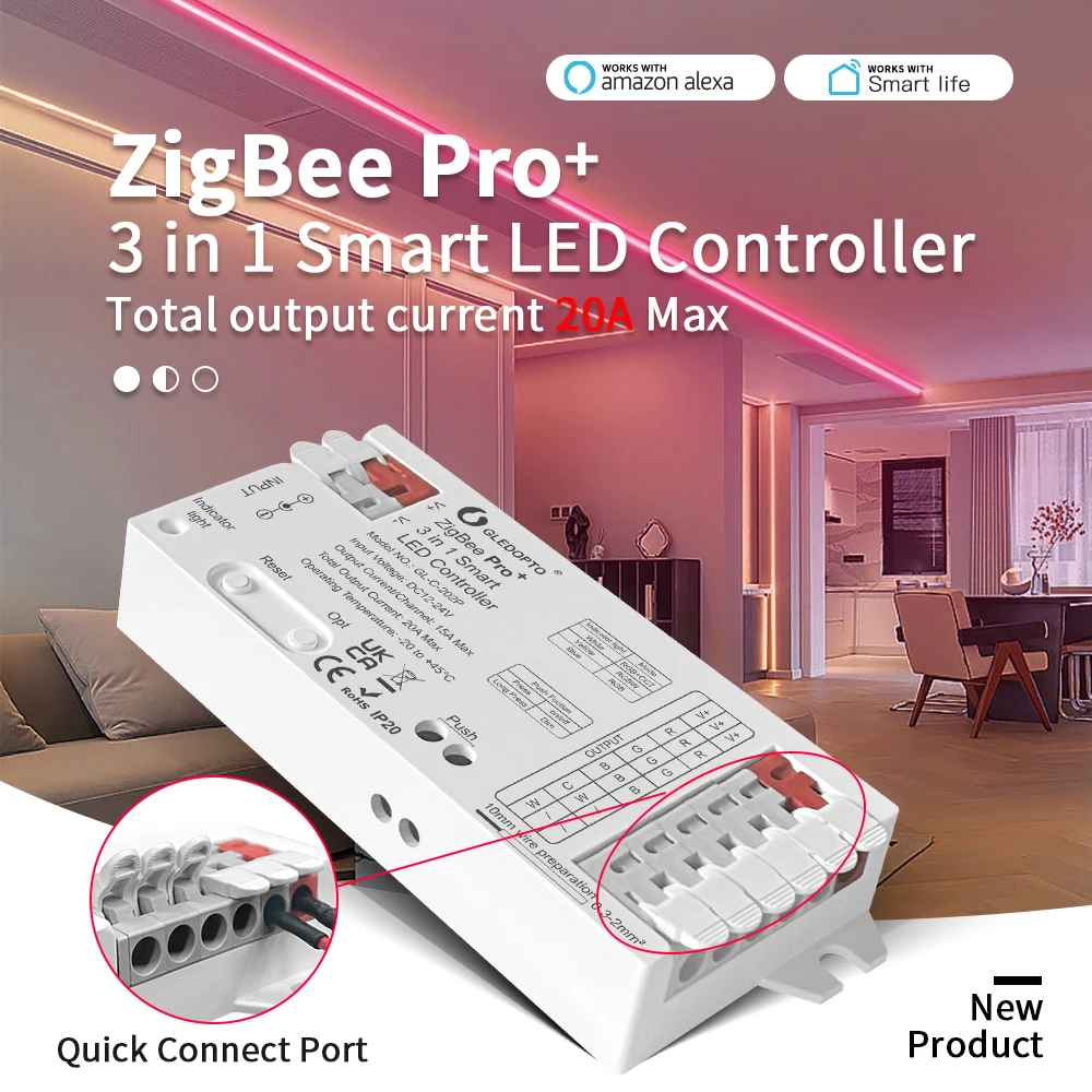 

GLEDOPTO ZigBee 3.0 Pro+ 3 in 1 RGBCCT/RGBW/RGB LED Strip Light Controller 20A Max H/ue Alexa Homey Tuya Smart APP Voice Control