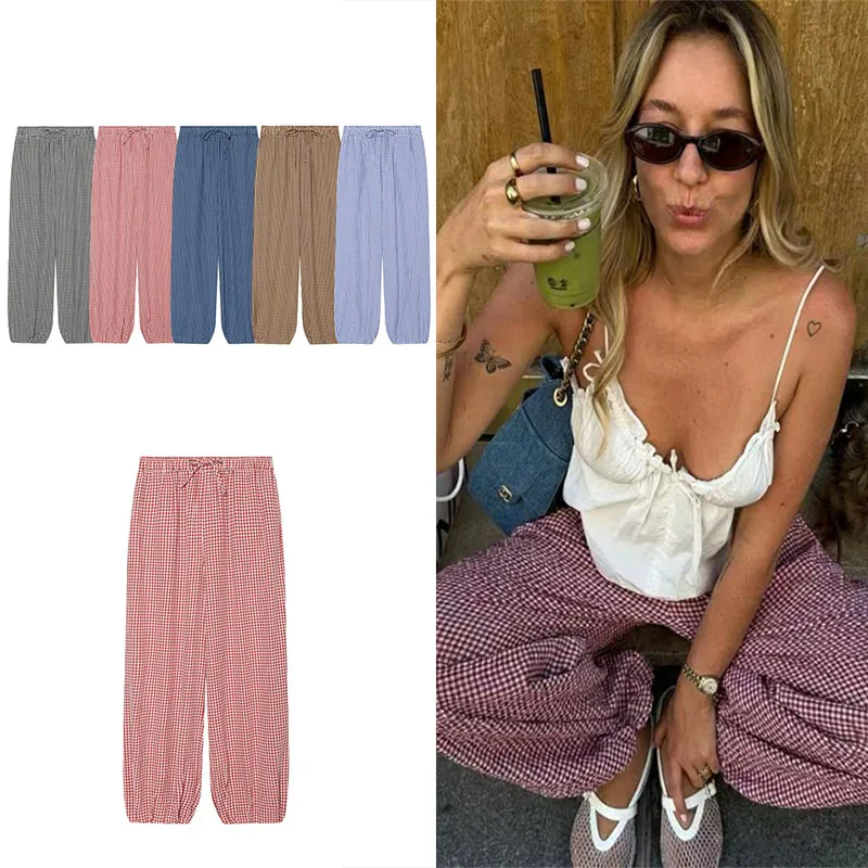 Guobioziy2026 Women's Plaid Lantern Pants with Elastic Drawstring Waist, Loose Fit, Cuffed, Soft Daily Street Casual Pants