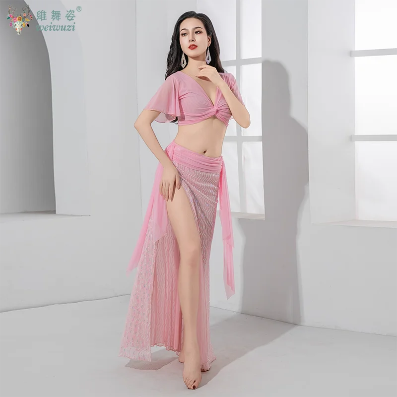 BellyDance Performance Costume for Women's Sexy V-neck Top+Sequins Long Skirt 2pcs Adult Oriental Belly Dancing Practice Clothes