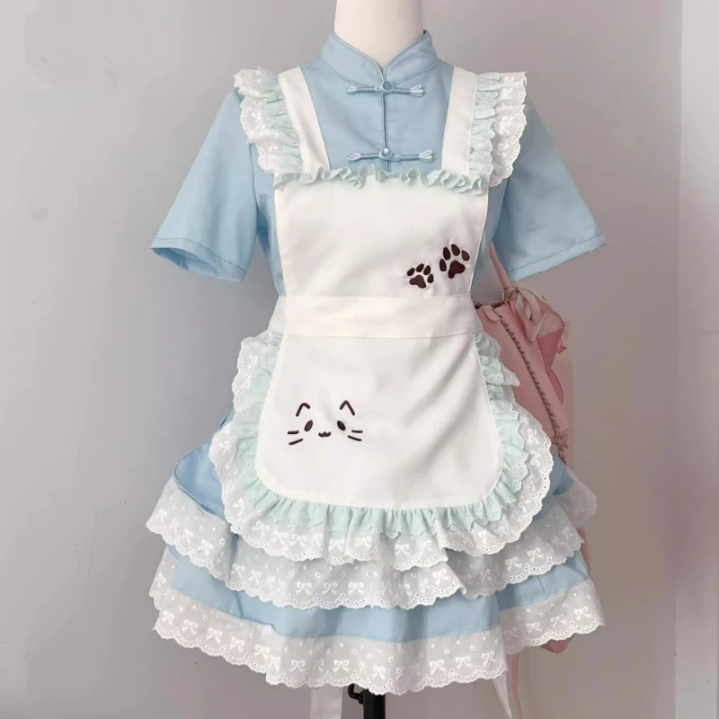 Japanese Kawaii Lolita Maid Dress Set Women Sweet Lace PatTchwork Cute Print Bow Apron Princess Dresses Elegant Party Mini Dress