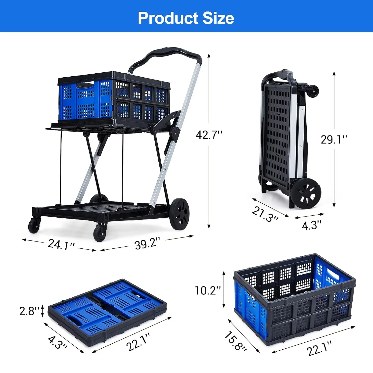 2-Tier Collapsible Shopping Cart, Foldable Grocery Cart with 198 lb Capacity, Wheels & Removable Crate, Portable Utility Trolley