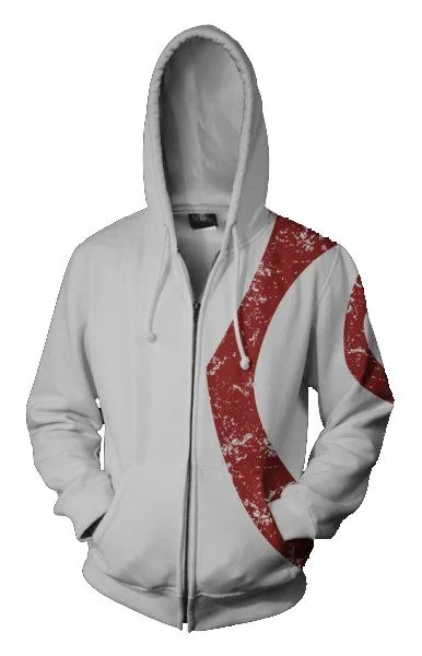 معطف God Of War Spartan CS Anime ثلاثي الأبعاد بطباعة رقمية وسحاب وغطاء للرأس باللون الأبيض