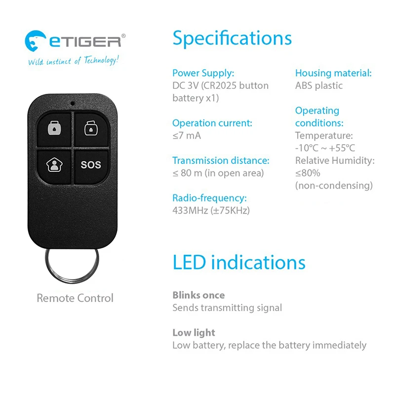 eTIGER ES-RC1N 433 MHZ Wireless High-performance Remote Contro is compatible with every eTIGER Secual system Home Security