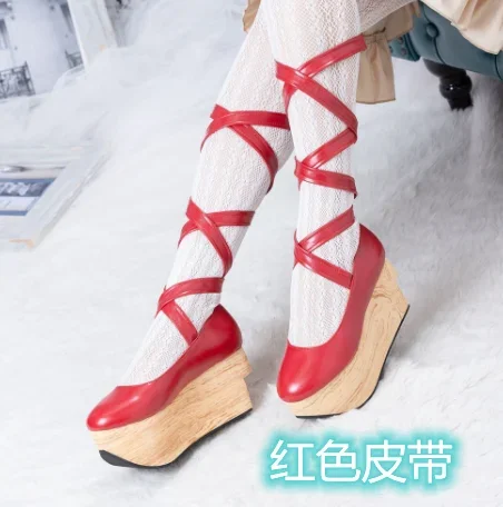 NONE Damen Plateau High Heel Pumps Sandalen Kreuzriemen Lolita Cosplay Creepers Japanische Harajuku Schuhe Schaukelpferd 4