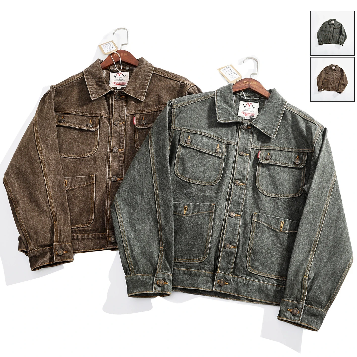 Autumn and Winter American Retro Heavyweight 460G Thick Denim Cargo Jacket Men's Amekaji 92% Cotton Washed Old Multi-pocket Coat
