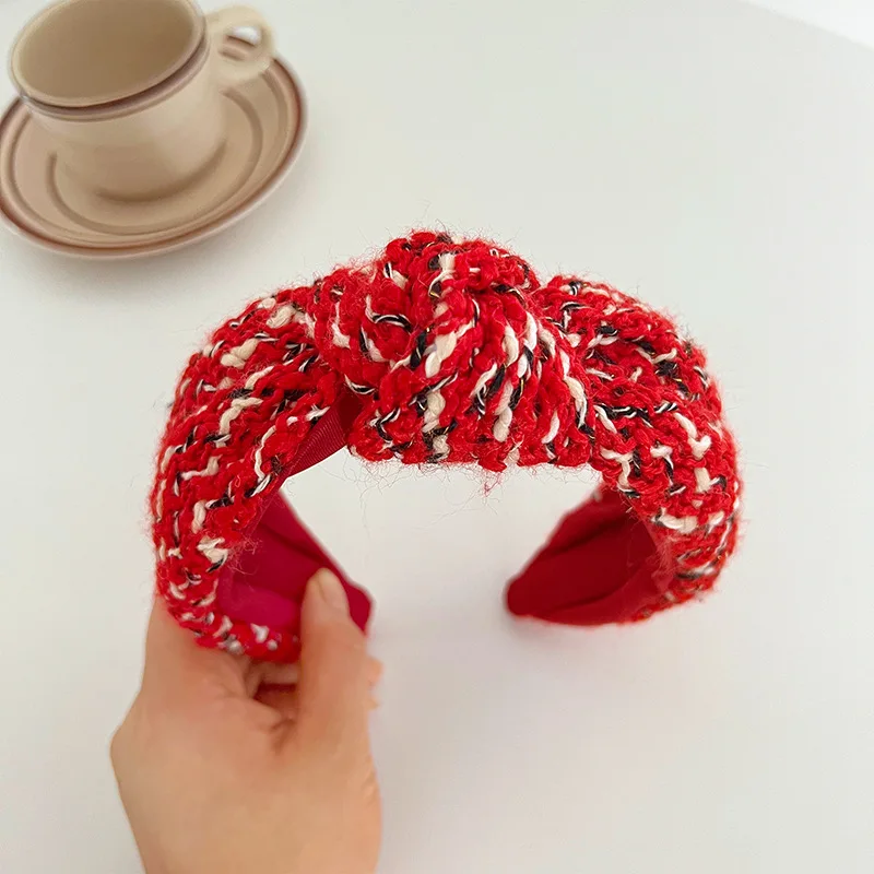 Diadema con nudo a cuadros de lana roja para mujeres y niñas, accesorios para el cabello para adultos, joyería para el cabello