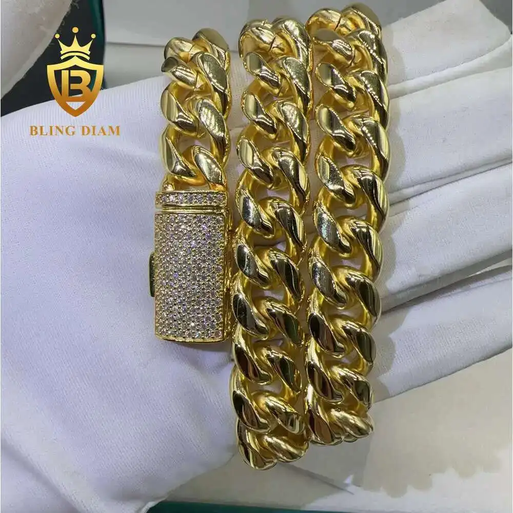 

Модная цепочка в стиле хип-хоп, кубинская цепочка из нержавеющей стали 12 мм с муассанитовой застежкой из стерлингового серебра 925 пробы, ожерелье-цепочка Майами