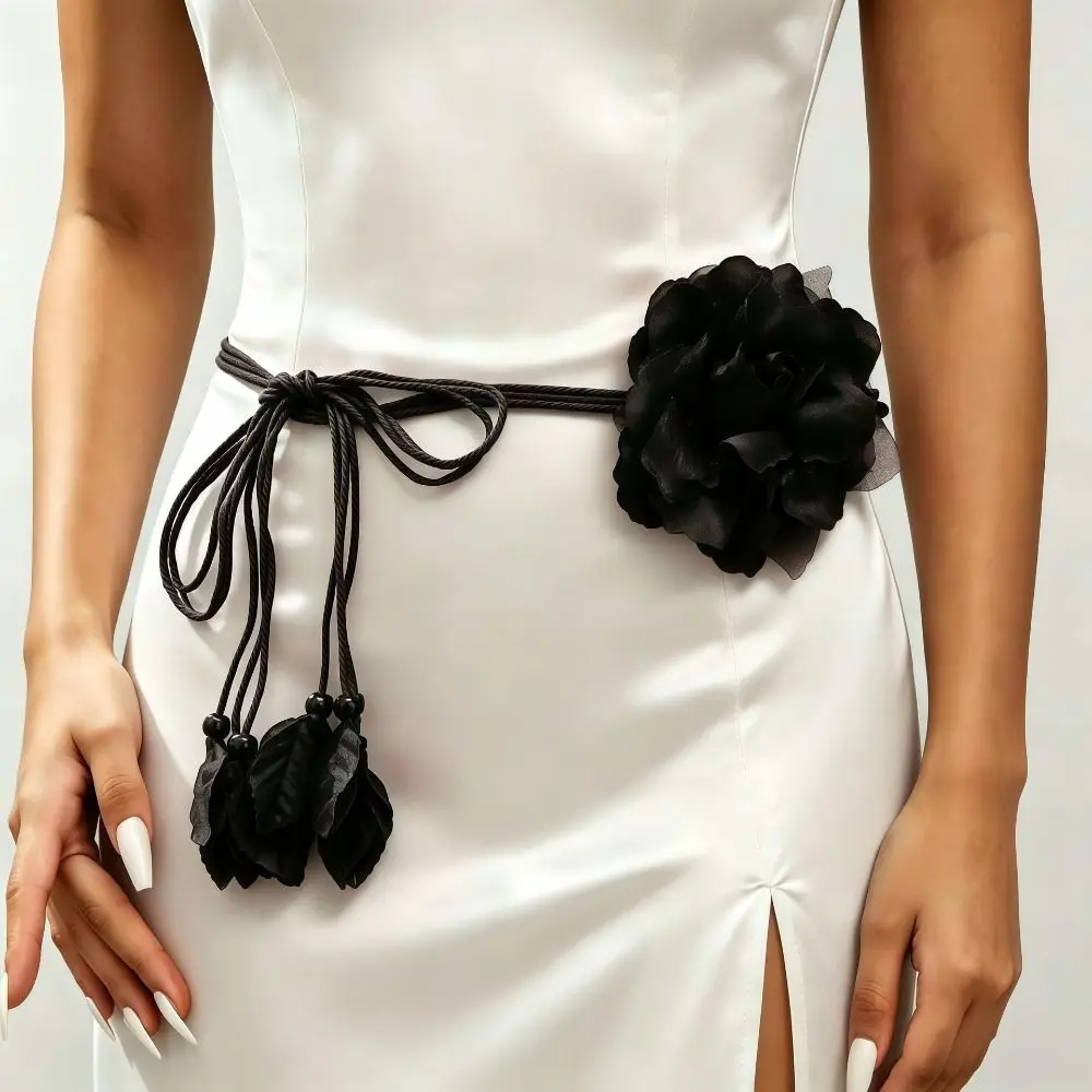 Simple Vintage Flower Waist Chain Floral Tie Rope Flower Belt No Punching Elegant Weave Rope Belt Dress Accessories