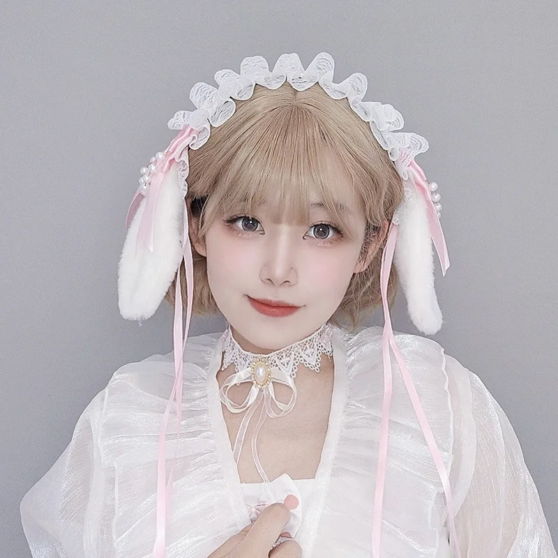 4-color جديد اليابانية أرنب الأذن لوليتا شريطة من الدانتيل القوس القوس أرنب الأذن عقال Kawaii تأثيري الشعر التبعي #2