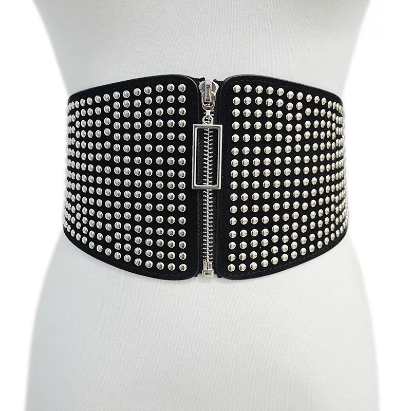 High Elastic Waist Black Rivet Decorative All-match Women Fashion Wide Belt