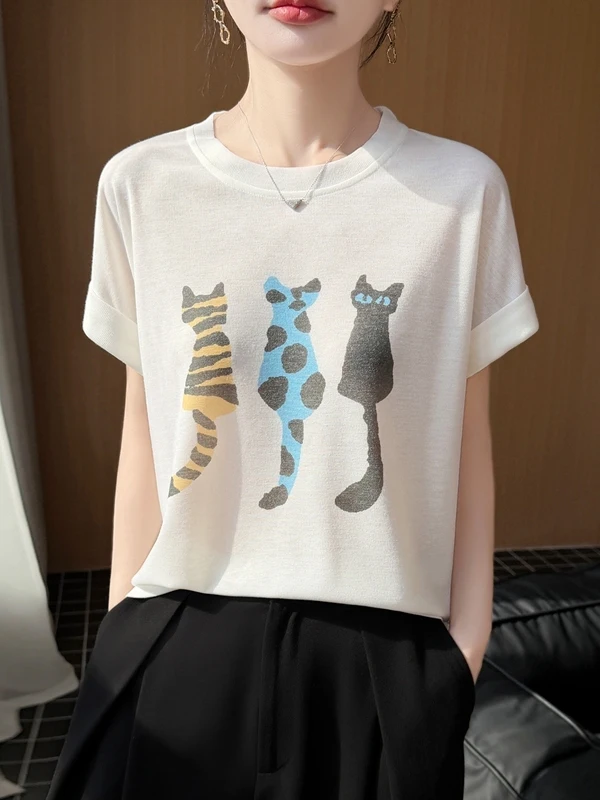

Cartoon Print ort Sve T-irt Women's Loose Thin Casual round Ne Knitted Top White Versatile Comfortable Springwear