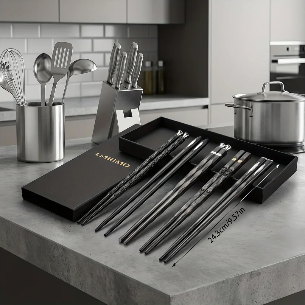 

Home Non-Slip Heat Resistant Alloy Chopsticks, Rustproof. 5 Pairs, 25x11cm, Anti-Bacterial, Comfort Grip