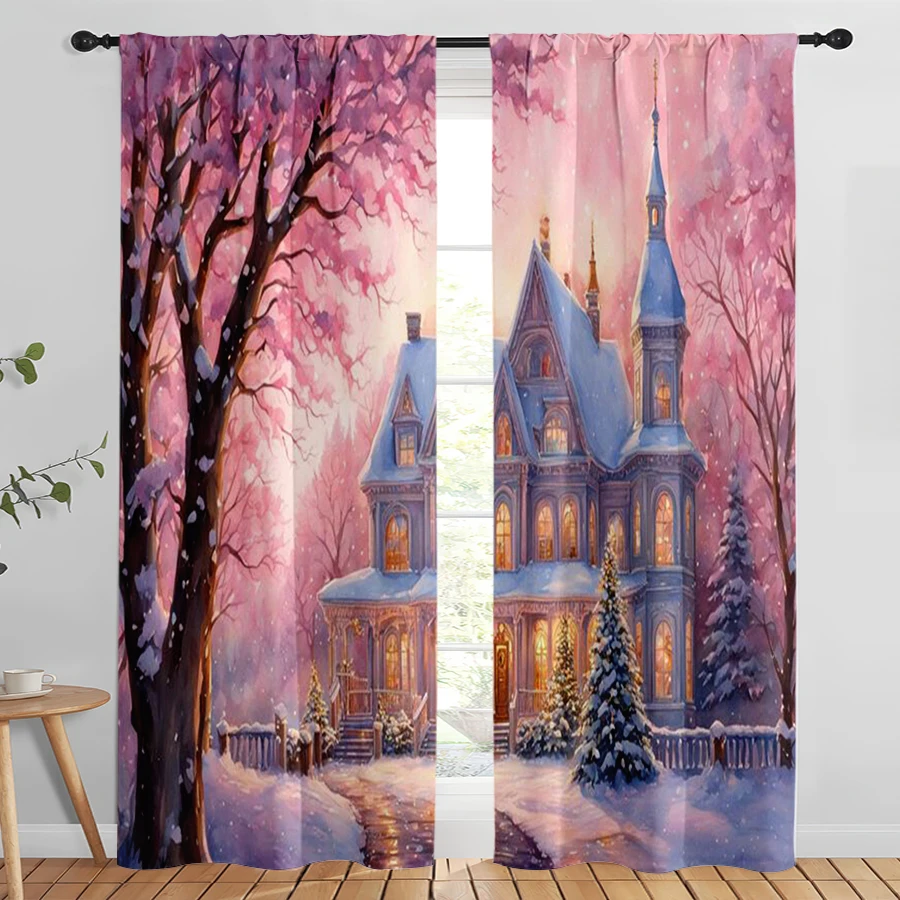 2PCS Digital Print Christmas Curtains, Pink Purple Snowy Victorian Mansion, Dreamy Cozy Window Drapes for Holiday Home Decor