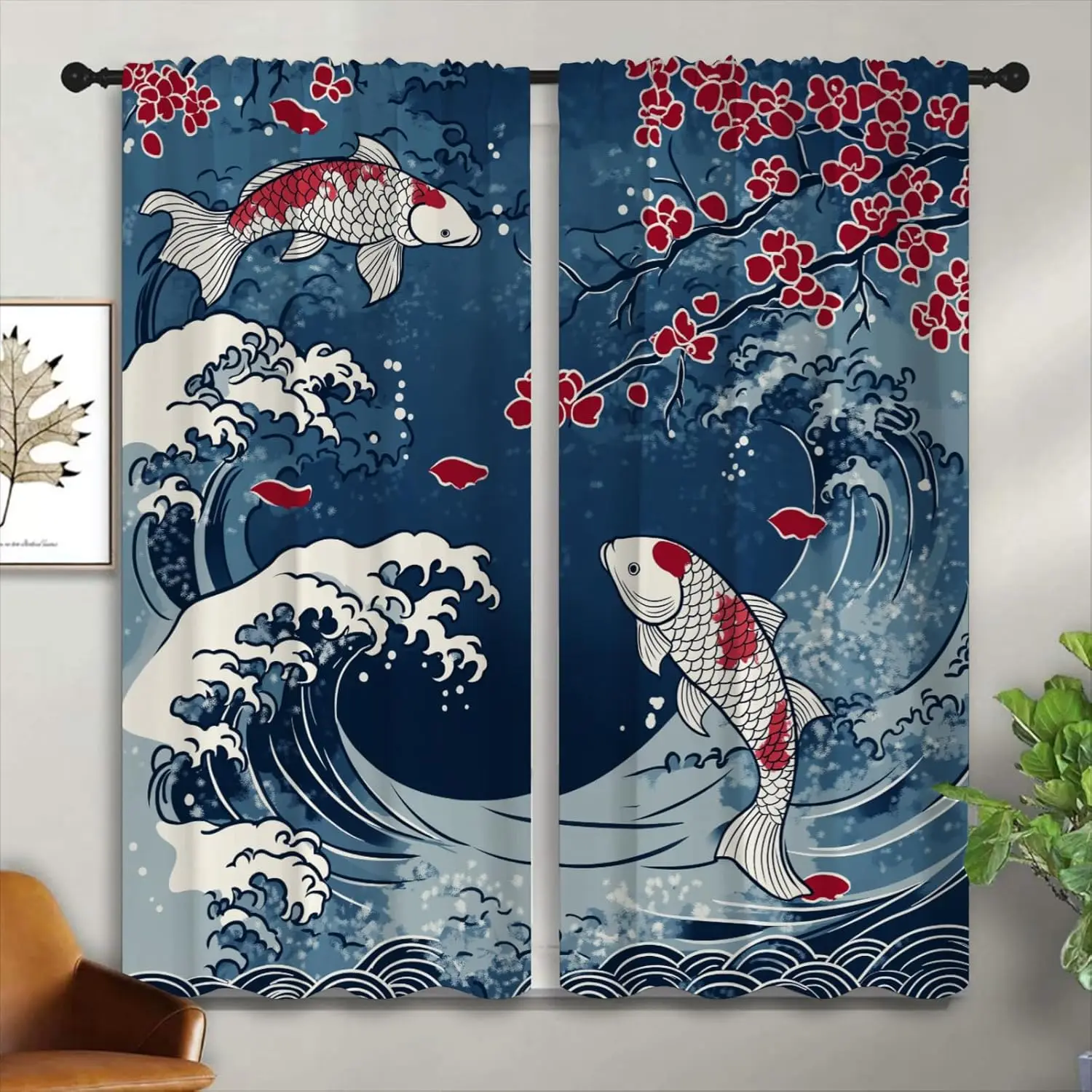 2pcs Japanese Koi Fish Curtains Cherry Blossom Wave Window Drapes Vintage Asian Art Decor Living Room Bedroom