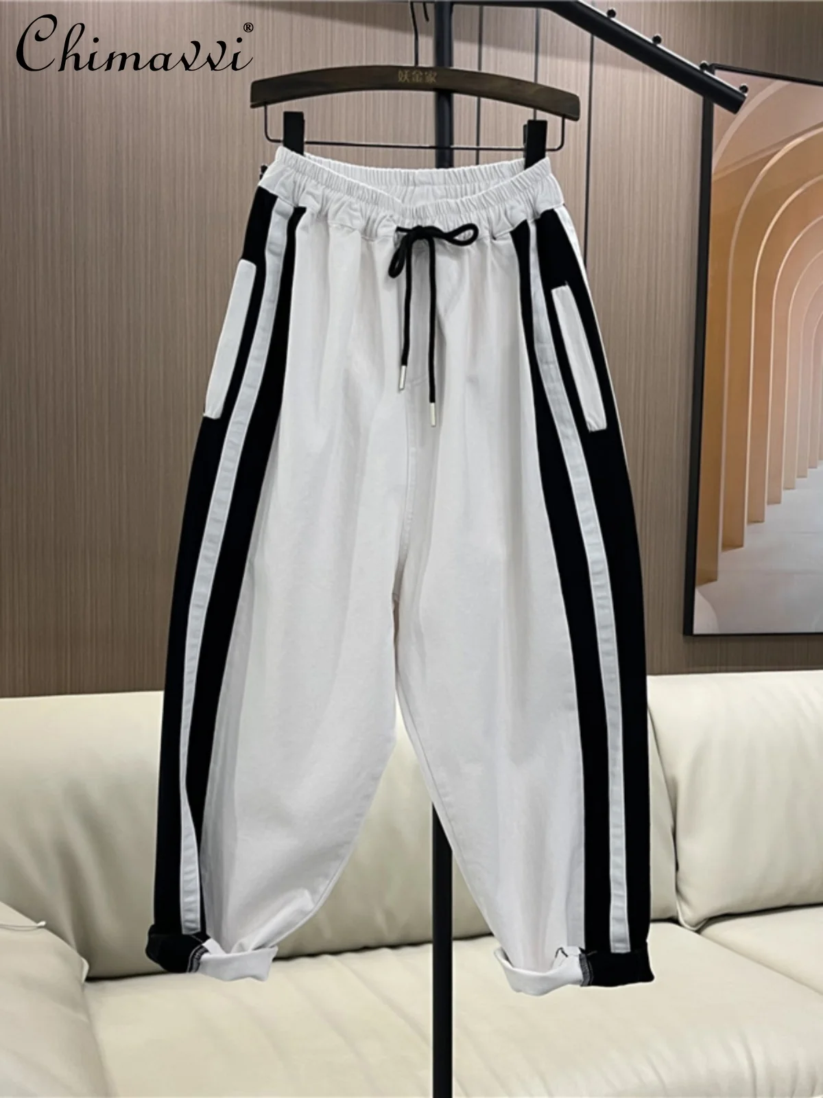 

Side Ribbon Color Matching Personality Casual Pants Women Spring Summer New Fashion Elastic Waist Thin Baggy Straight Trousers