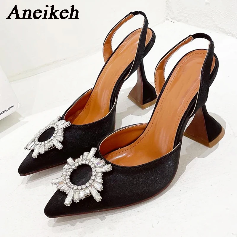 Aneikeh Brand Women Silk High Heels Luxury Crystal Butterfly Knot High Heels Summer Pointed Shoes Triangle Heeled Bride Pumps