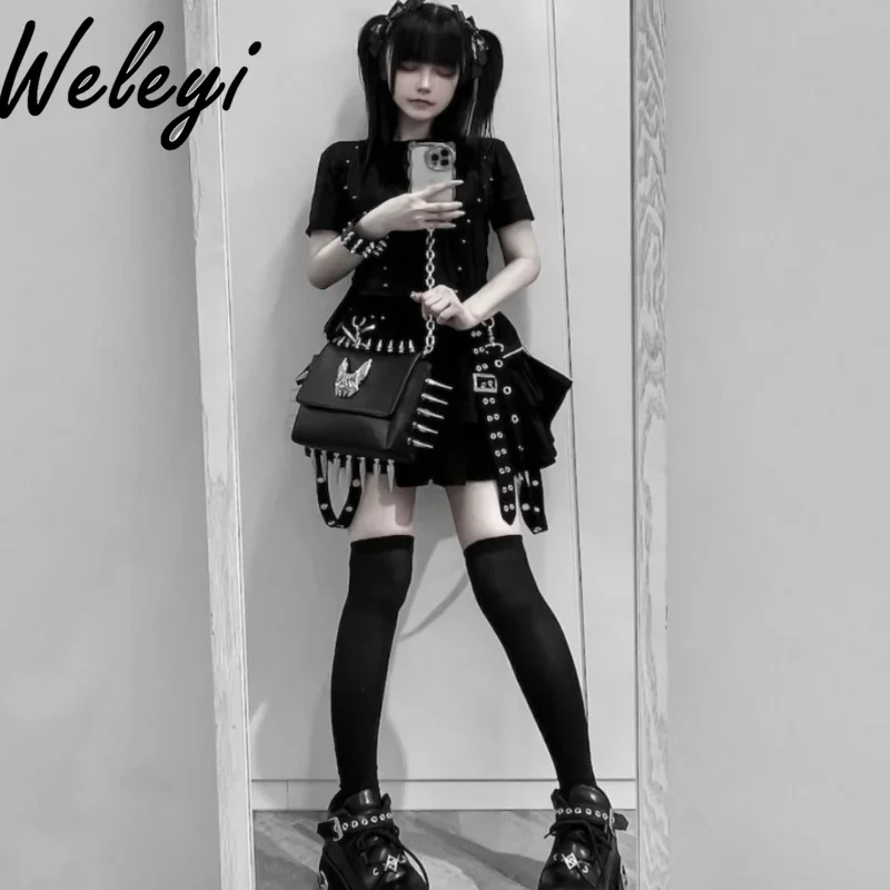 Punk Style Y2k Suspender Zipper Balck Short Skirt for Women Gothic Women's High Waist Ruffled Edge Mini Skirts Faldas Largas