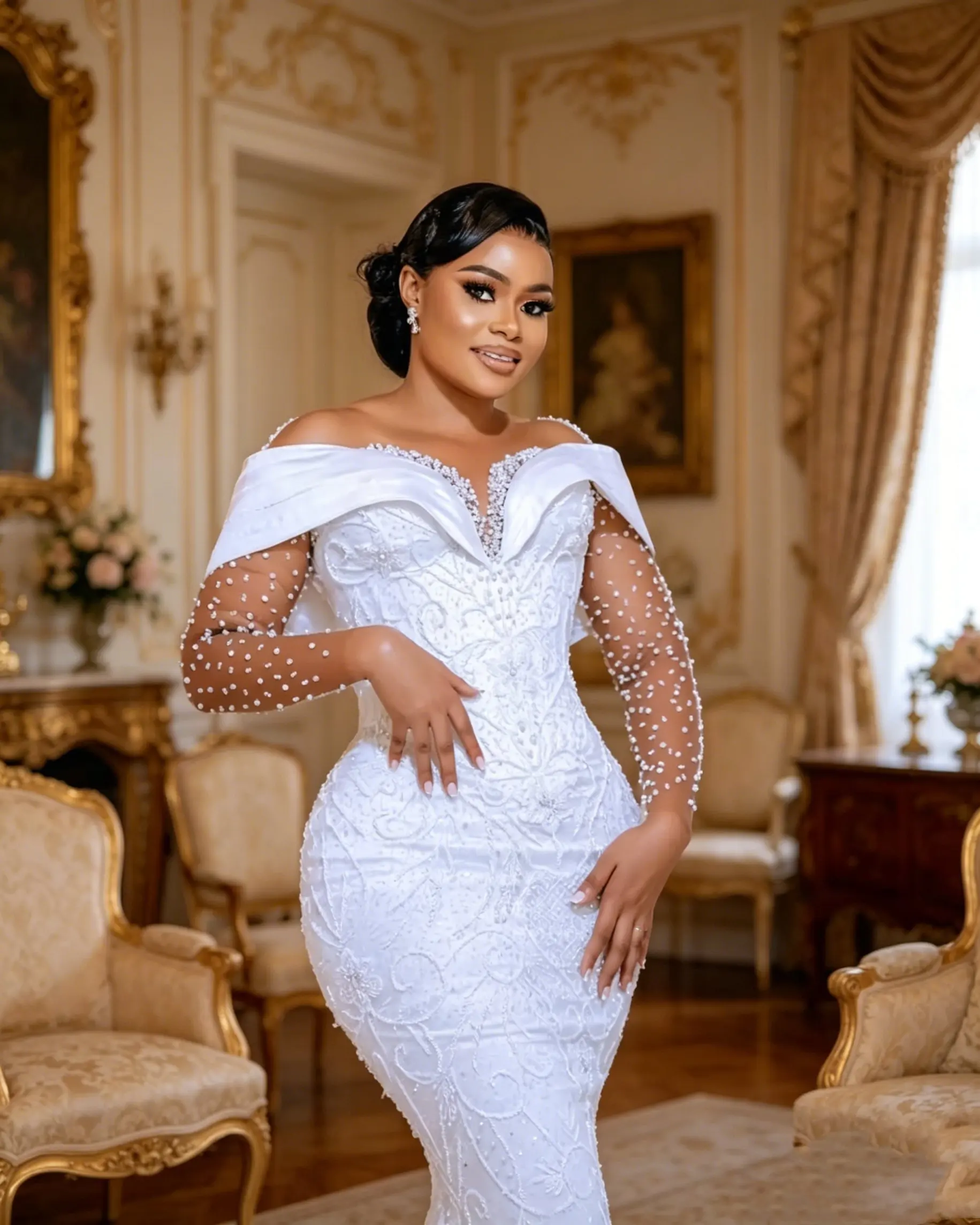 Maßgeschneidertes Transparentes Dekolleté Glänzendes Vollständig mit Perlen und Pailletten Besetztes Meerjungfrau-Hochzeitskleid Robe De Mariée Illusion Lange Ärmel Luxuriöses Brautkleid