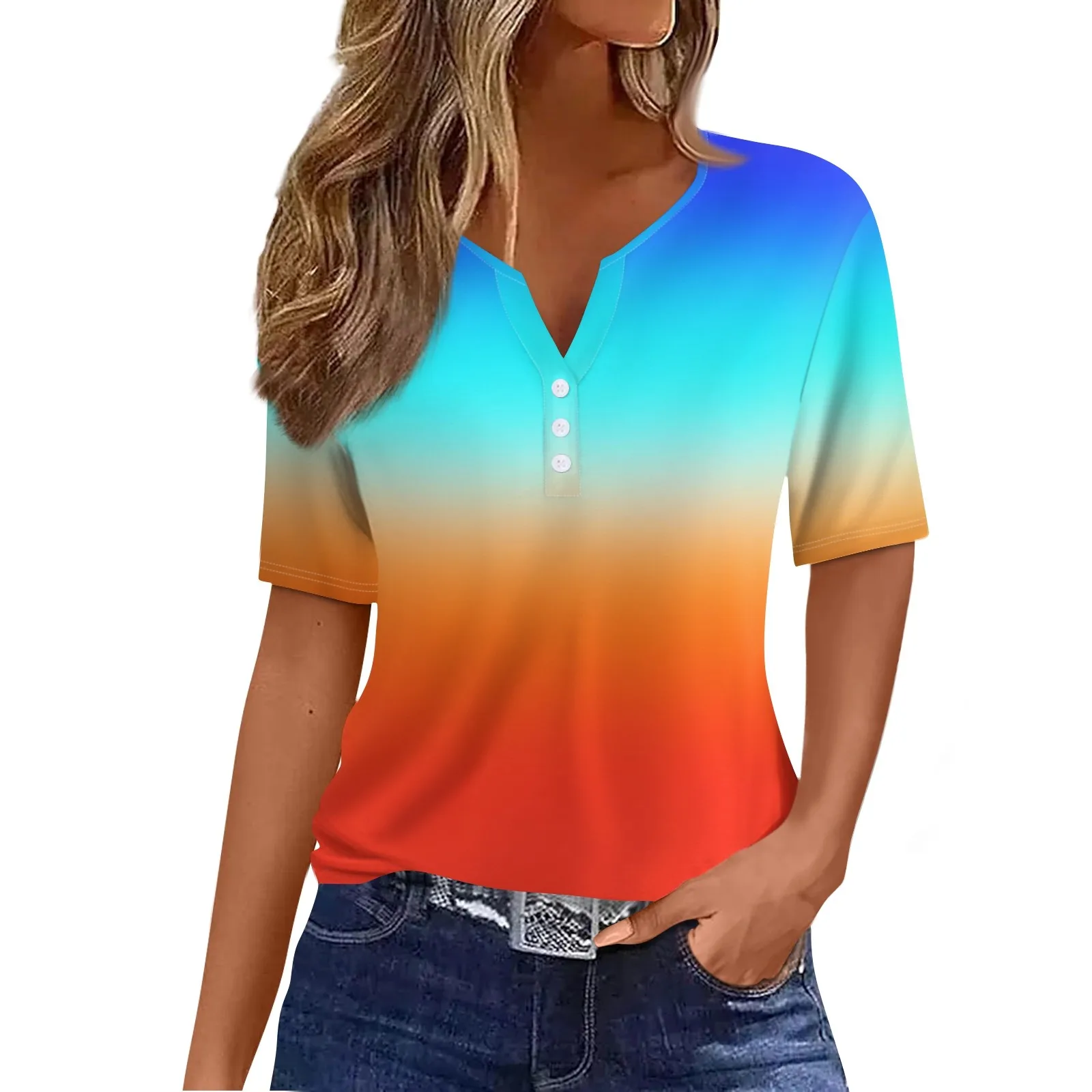 2024 Summer New Fashion Shirts Women\'s T Shirt Patchwork Button Short Sleeves Daily Basic V- Neck Regular Top Ropa De Mujer