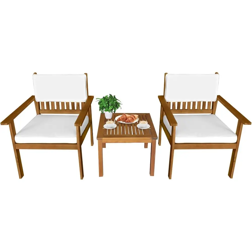 

3-Piece Outdoor Acacia Wood Patio Bistro Set with Table and 2 Cushioned Chairs