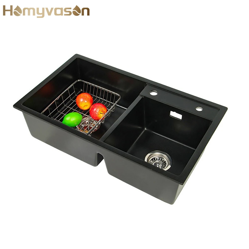 First Class Quality Modern Wholesale Quartz Stone Undermount Black Quartz Composite Granite Double Bowl Kitchen Sink