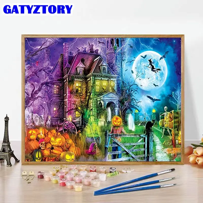 GATYZTORY Paint By Number Horror Castle Drawing On Canvas HandPainted Art DIY Pictures By Number Halloween Gift  Kits Home Decor