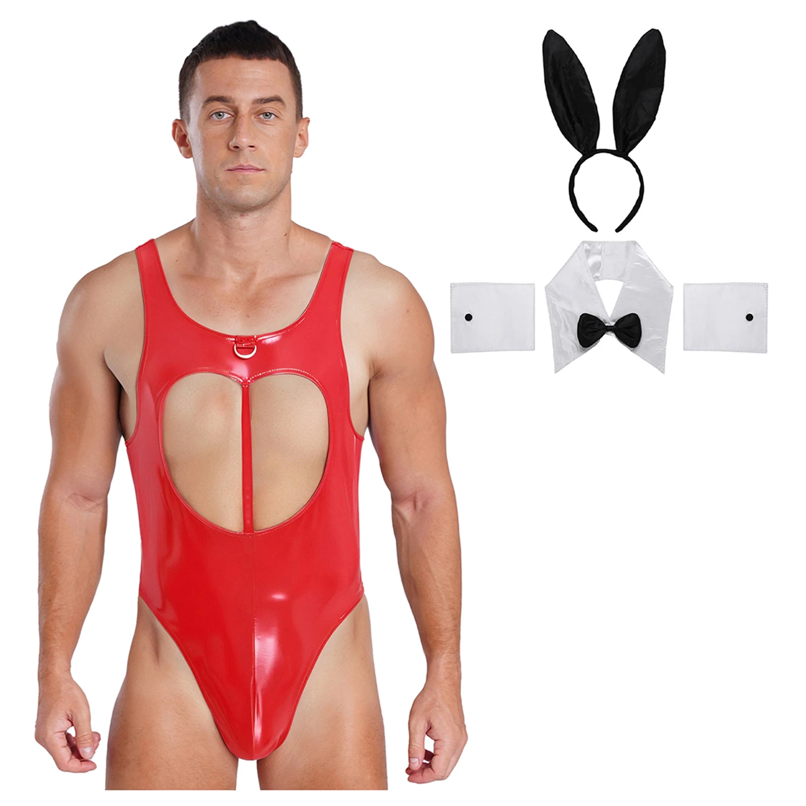 

Mens 4Pcs Sissy Bunny Cosplay Costume Cut Out Bodysuit Rabbit Ear Headwear Bowtie Collar And Cuffs Halloween Drag Queen Leotard