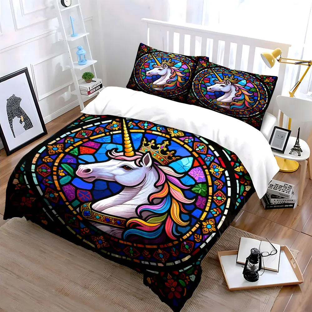 Stained Glass Unicorn with Crown Print Soft Comfortable Duvet Cover Bedding Set Included 1*Duvet Cover 2*Pillowcases 2