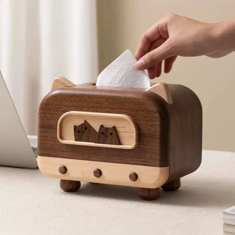 Creative Kitten Solid Wood Tissue Box Cute Home Living Room Napkin Rack Milk Oil Style High Beauty Wood Tissue Box Rack