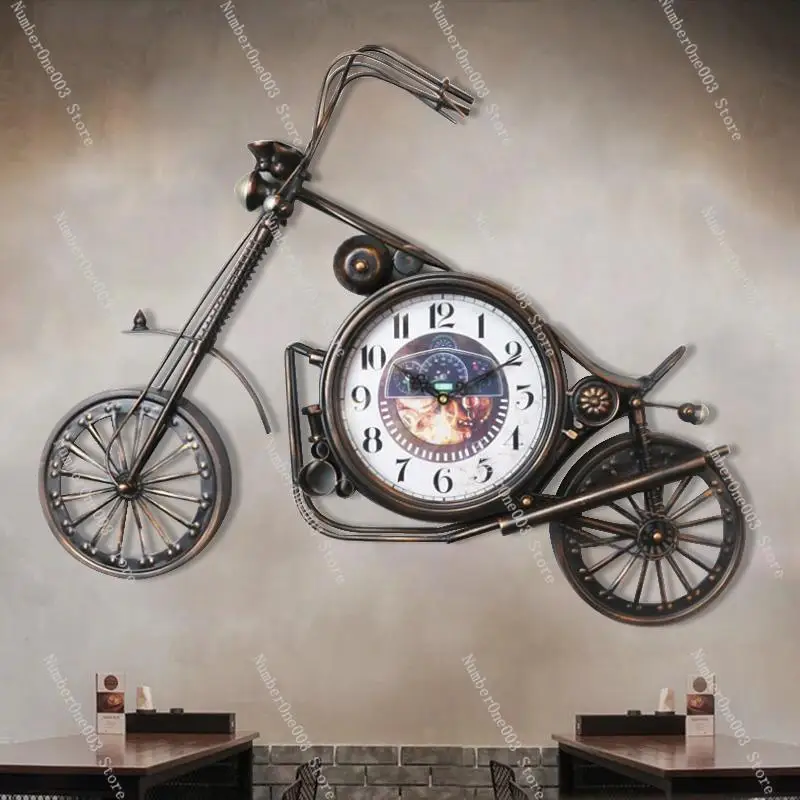 Retro Wrought Iron Motorcycle Clock Wall Decoration, Wall Hanging Parts, Restaurant Clothing Store