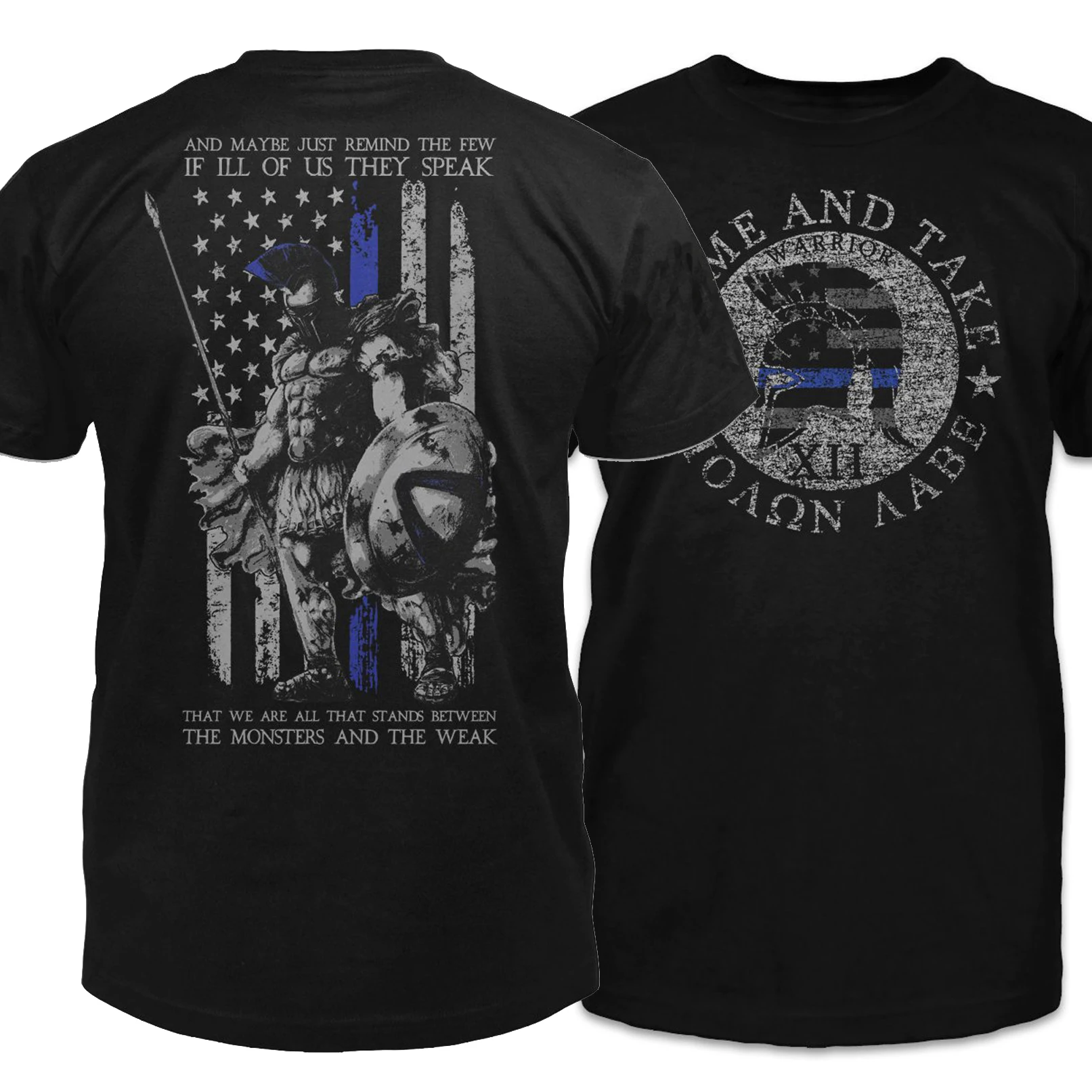 Thin Blue Line Flag Spartan Shield Spear Warrior Molon Labe Motto T-Shirt. Summer Cotton Short Sleeve O-Neck Mens T Shirt New