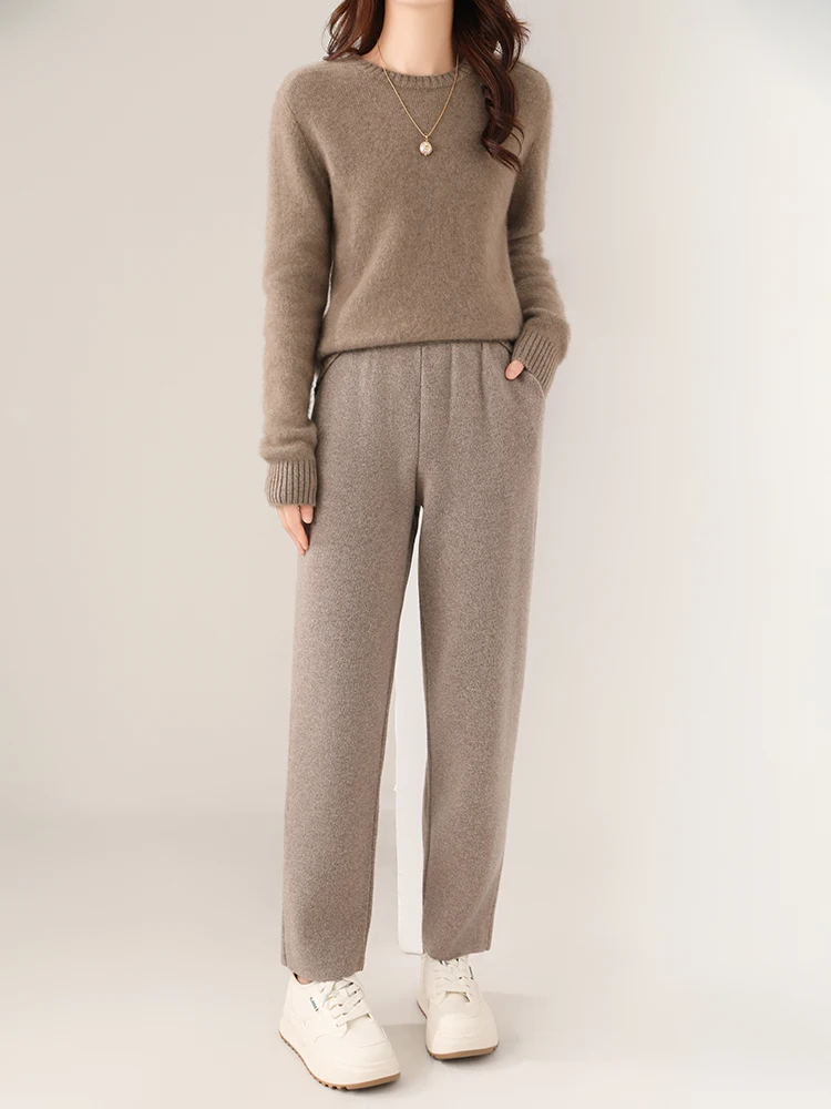 Women's Wool Pencil Pants Autumn Winter Office Lady Style Threaded Elastic Waist Trousers 100% Merino Wool Knitted Thicken Pants